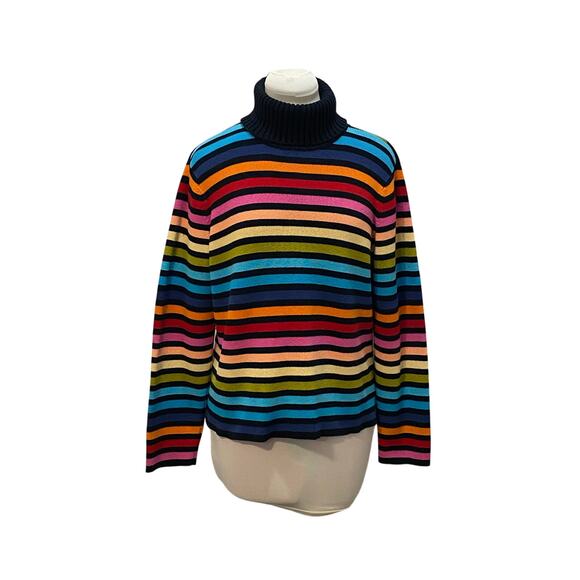 Vintage LIZ CLAIBORNE Rainbow Stripe Turtleneck Ribbed Knit Sweater LARGE Y2K - Picture 1 of 6